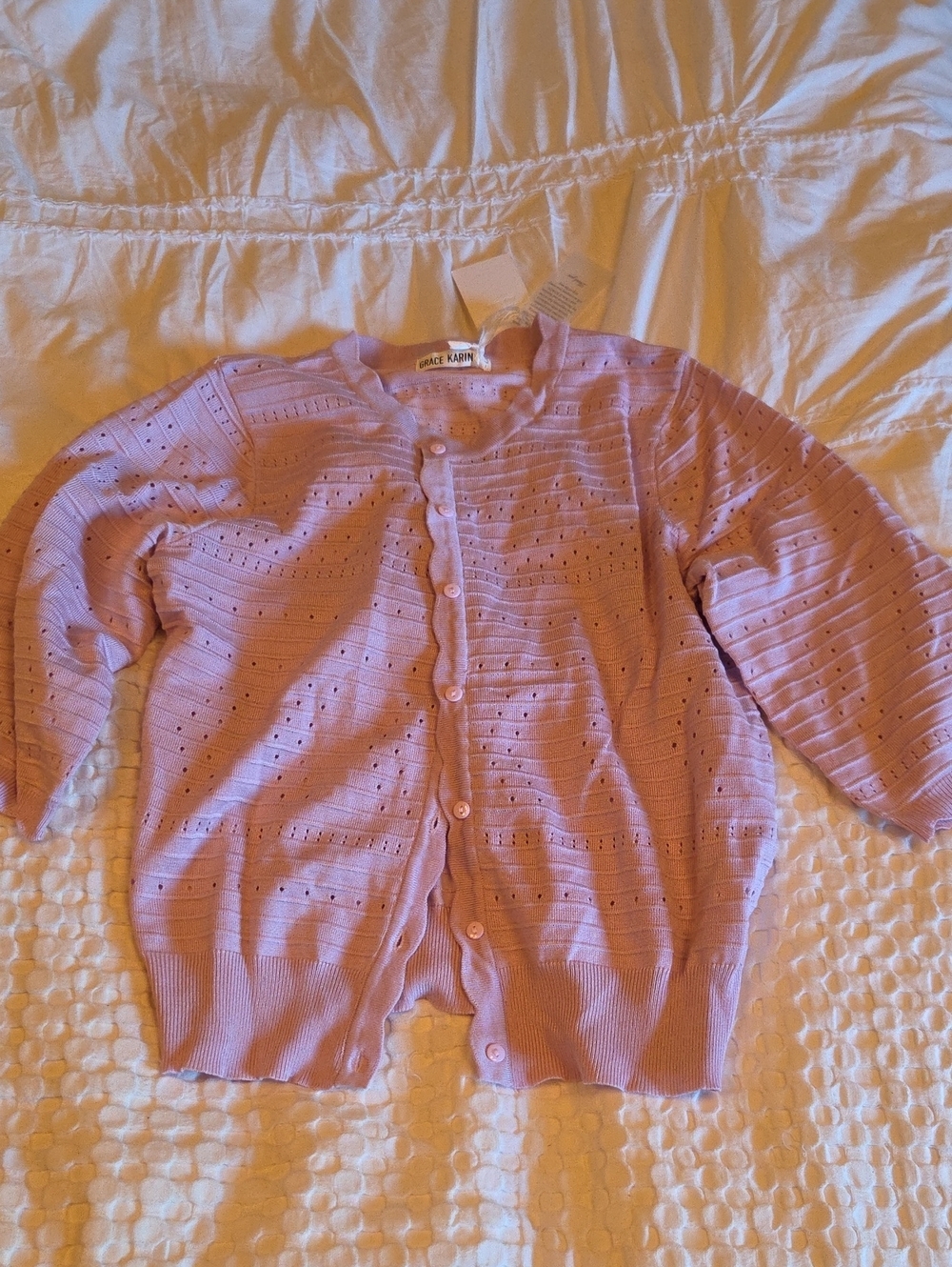 Grace Karin Pink Eyelet Knit Button-Front Cardigan Lg